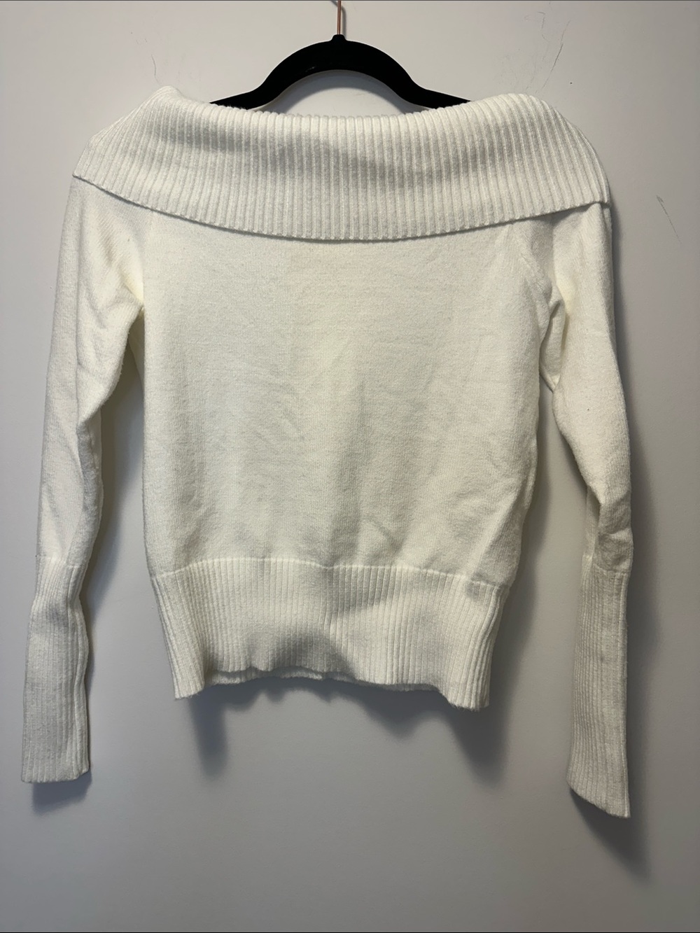 Off-Shoulder Knit White Ribbed-Hem Women's Sweater